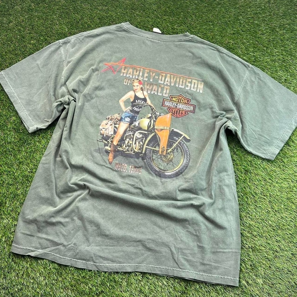 Harley Davidson Waco Texas Pocket T Shirt Pin Up Girl Graphic Olive Green 2XL